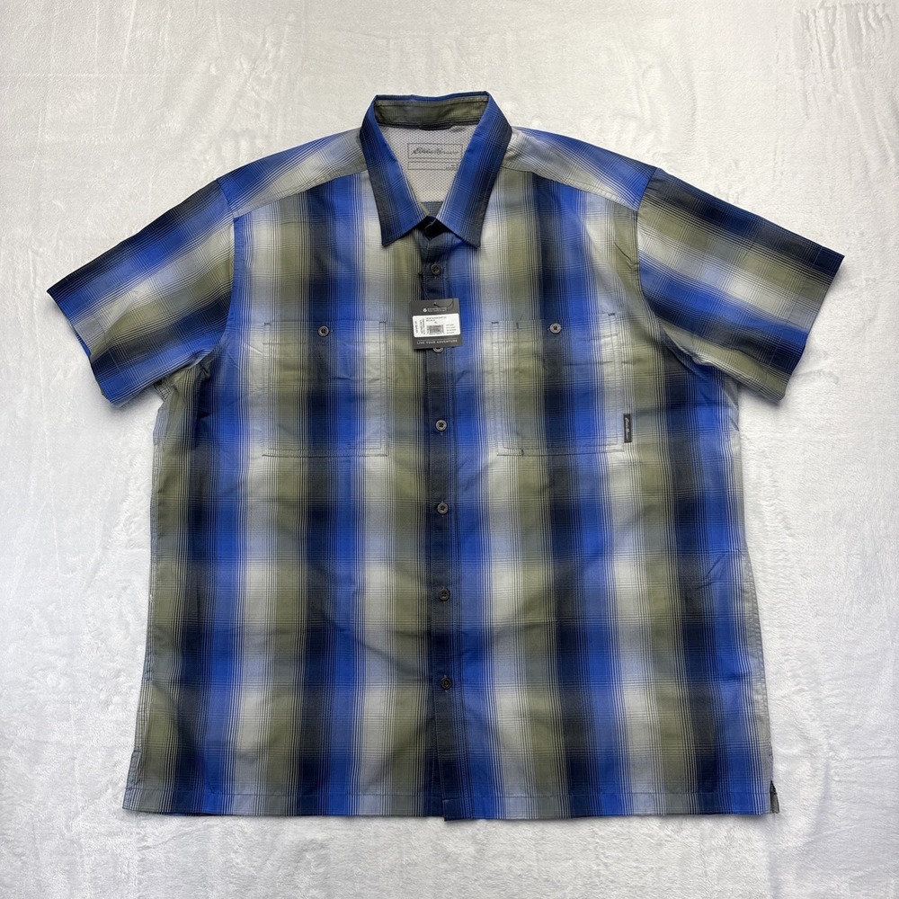 Eddie Bauer Rainier Shirt 2.0 Mens XL NWT Blue Plaid SS Button Up Outdoor